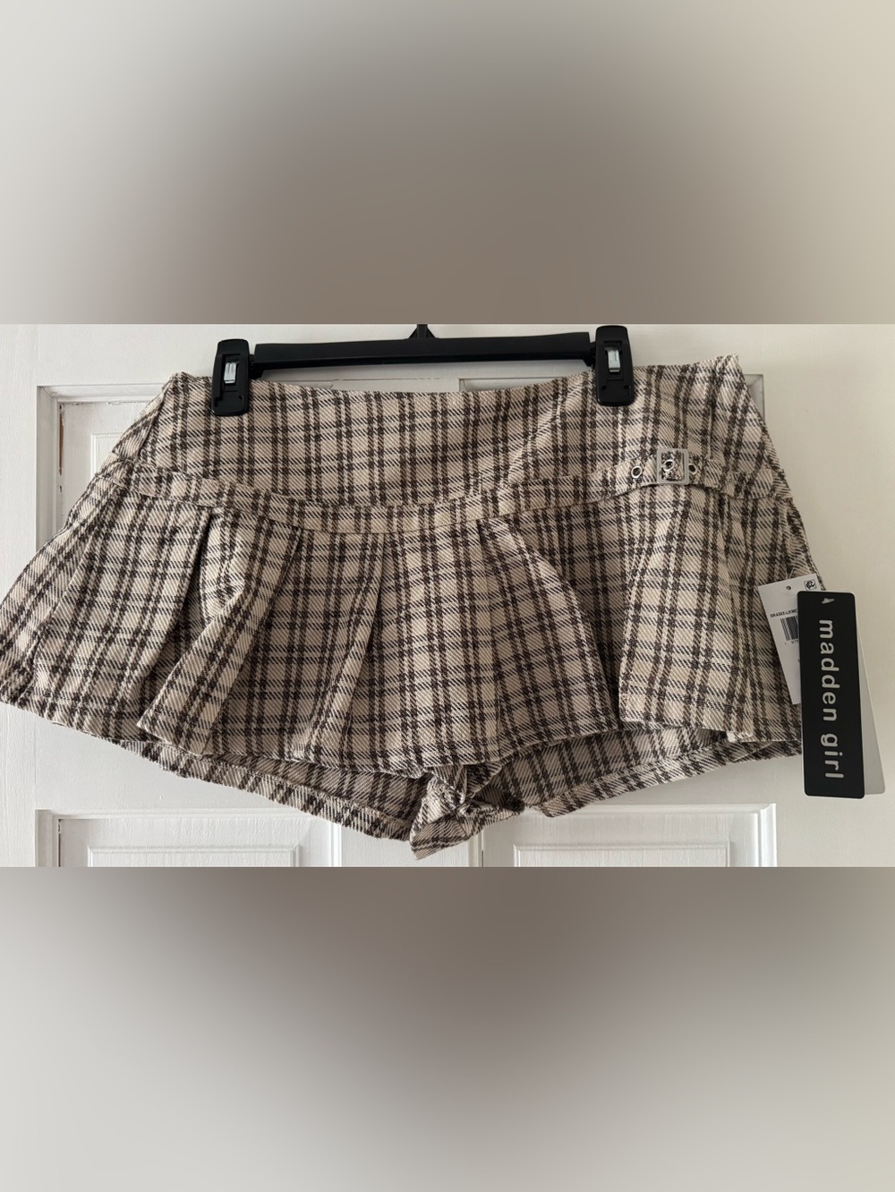 NWT Madden Girl Plaid Pleated Skort Large Brown Tan Mini Skirt Shorts